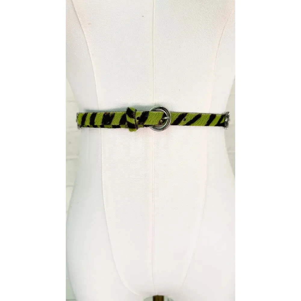 Carlisle Green Zebra Calf Hair Leather Skinny Belt Silver Hardware L Narrow